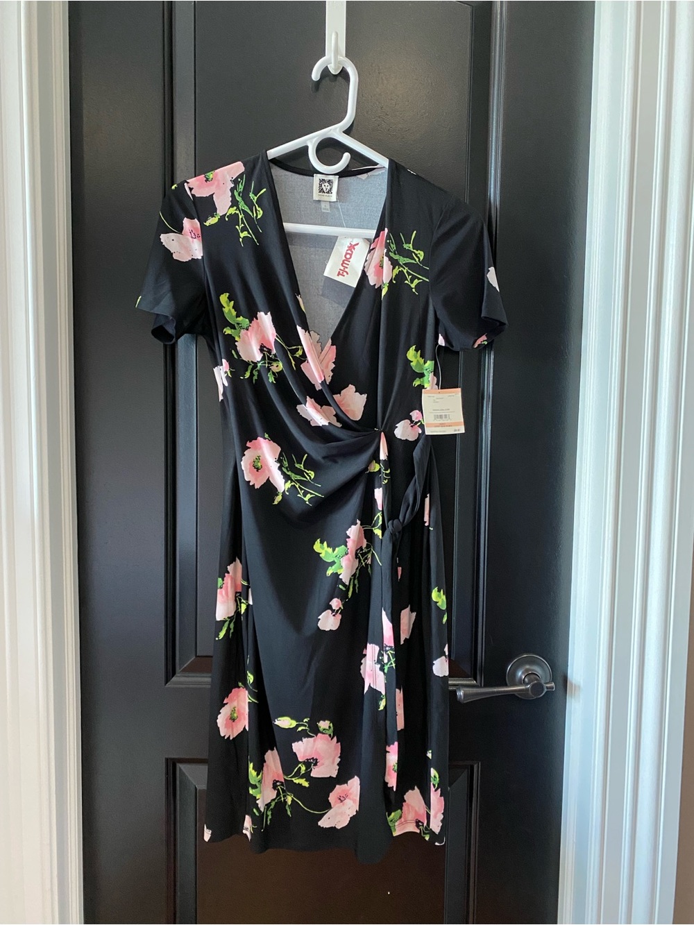 Anne Klein Black Mini Dress with Pink Floral Print